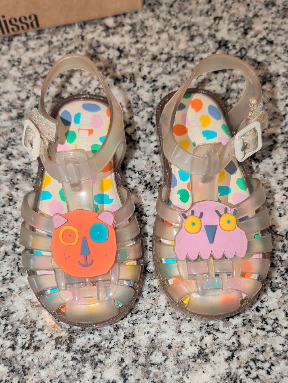 Melissa Kids Translucent Jelly Sandals with Orange and Pink Animal Charms